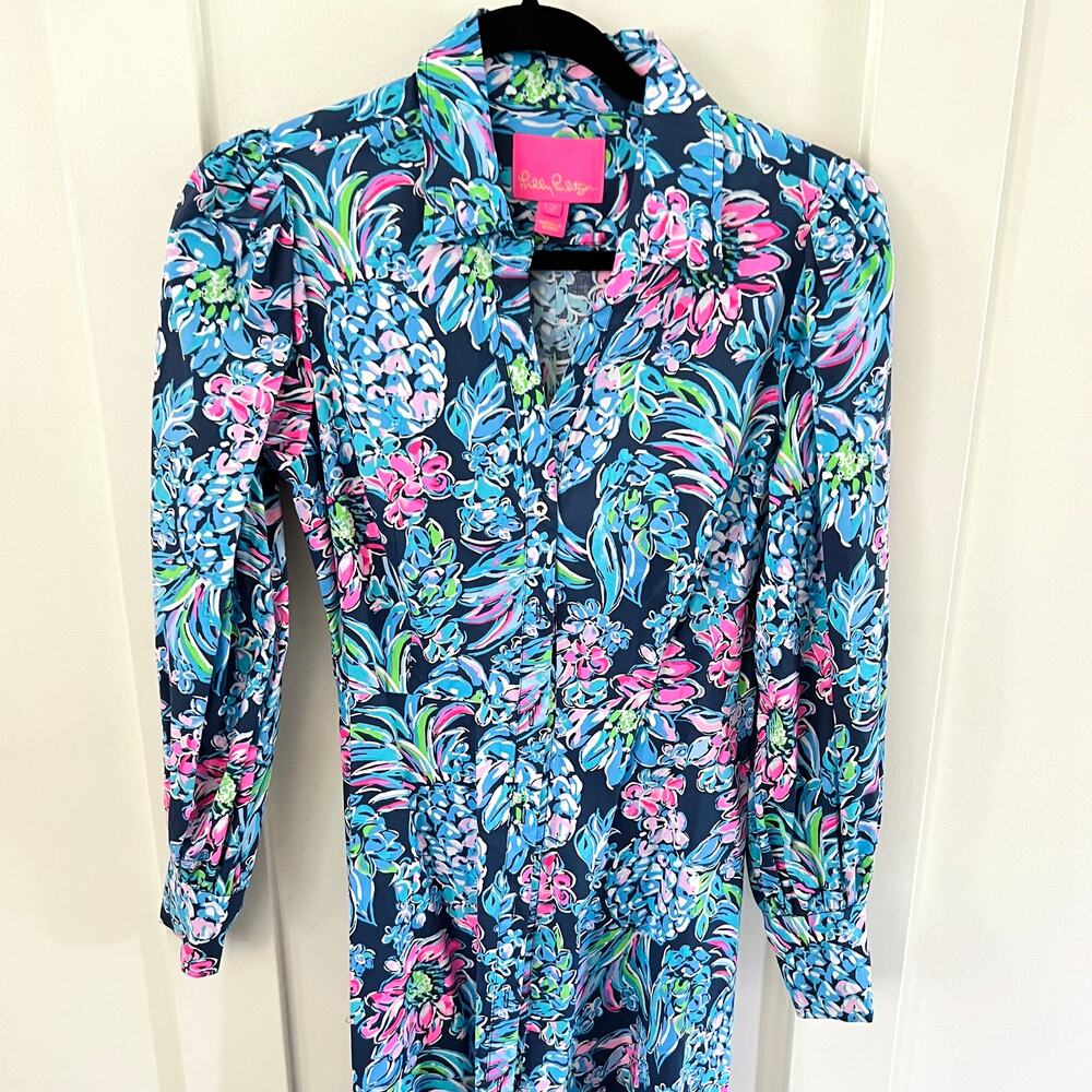 Lilly Pulitzer Mira Stretch Midi Shirt Dress in High Tide Navy Blue Size 2 - Picture 3 of 8